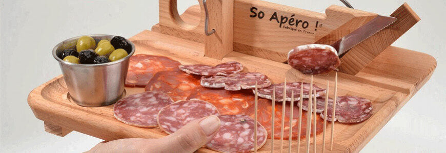Présentation guillotine à saucisson So Apero avec plateau