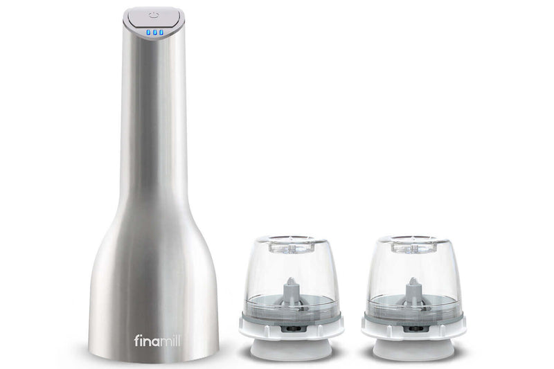 Moulin à épices électrique rechargeable Finamill PRO Plus inox + 2 capsules de broyage