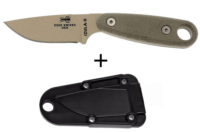 Couteau Esee Izula II DT lame acier carbone 6,2cm manche micarta désert + étui
