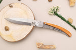 Couteau pliant Le Coq Français Jeanne d'Arc artisanal manche bois d'olivier 11,5cm + étui