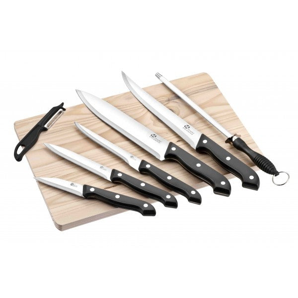 Ensemble de 5 couteaux + fusil + éplucheur + planche Pradel Excellence