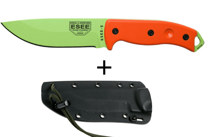 Couteau Esee 5 ESEE-5P-VG-E lame acier carbone venom green 13,7cm manche G10 orange + étui