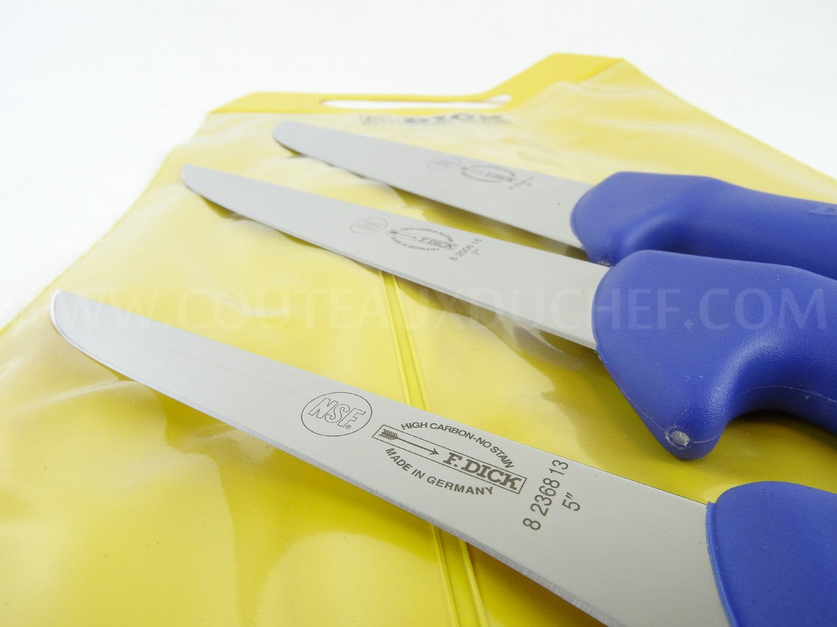 Pochette de 3 couteaux de boucher bleus DICK ERGOGRIP désosseur+saigner+boucher
