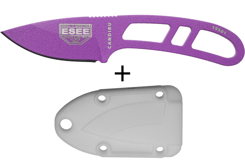 Couteau de cou Esee Candiru CAN-PURP-E lame acier carbone 5,1cm manche ajouré acier violet + étui