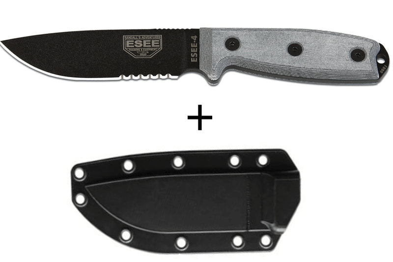 Couteau Esee 4 ESEE-4S-B lame semi-dentée acier carbone noir 11,6cm manche micarta gris + étui