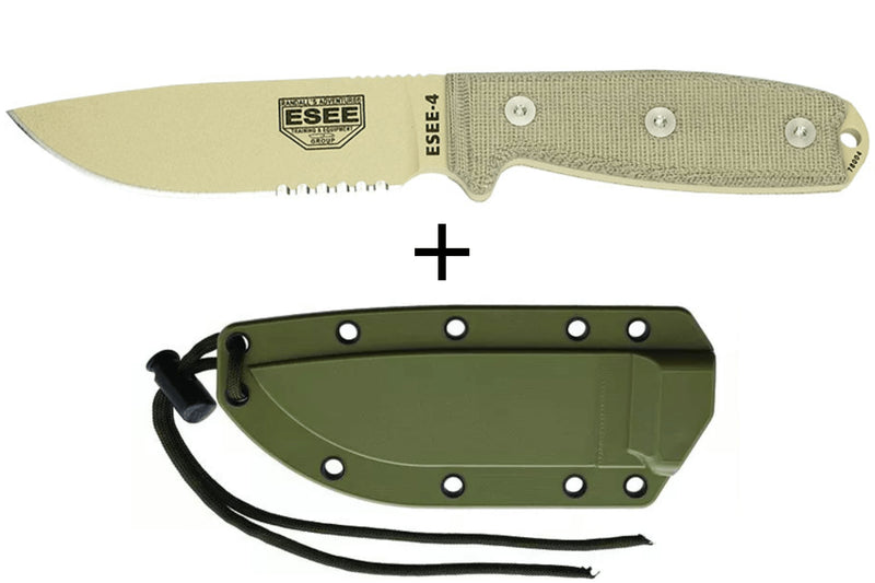 Couteau Esee 4 ESEE-4S-DT lame semi-dentée acier carbone désert 11,6cm manche micarta gris + étui