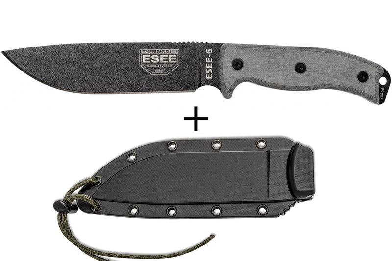 Couteau Esee 6 ESEE-6P-B lame acier carbone noir 16,5cm manche micarta gris + étui