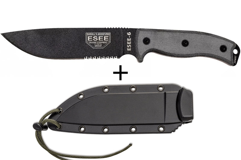 Couteau Esee 6 ESEE-6S-B lame semi-dentée acier carbone noir 16,5cm manche micarta gris + étui