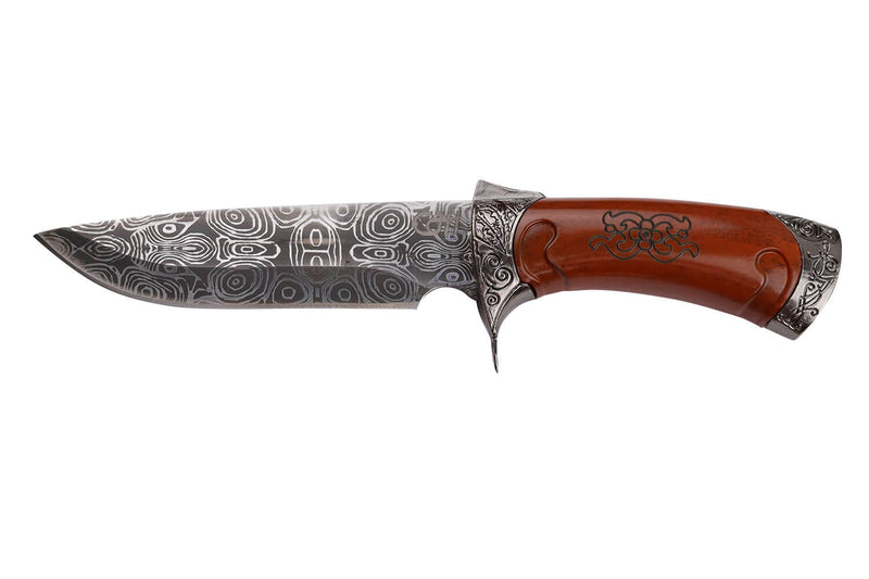 Couteau CJH lame design damas manche façon bois gravé inox + étui