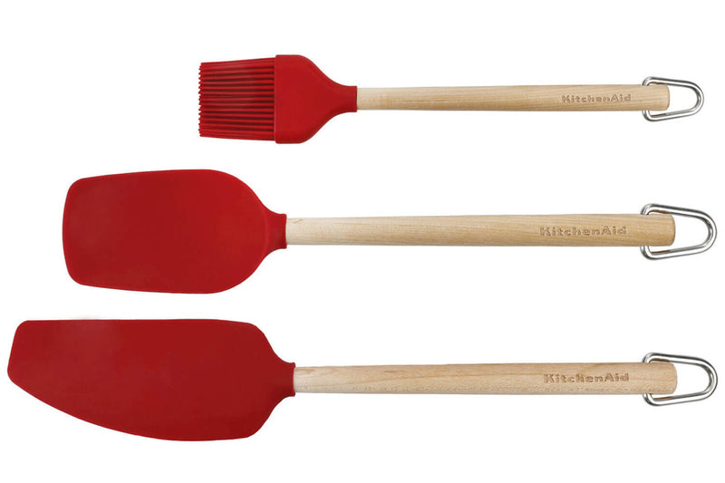 Set de 3 ustensiles de cuisine Kitchen Aid en bois de bouleau et silicone rouge