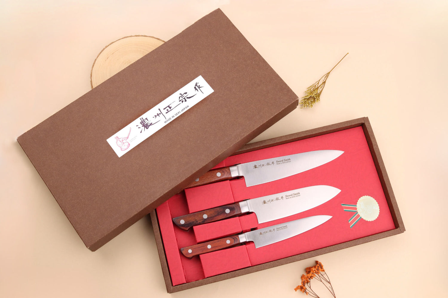 Coffret 3 couteaux japonais Satake Cutlery Brown Pakkawood chef + santoku + office