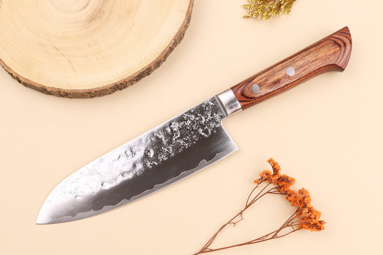 Couteau santoku 17cm japonais Satake Cutlery Brown Pakkawood AUS-8 San Maï Nashiji
