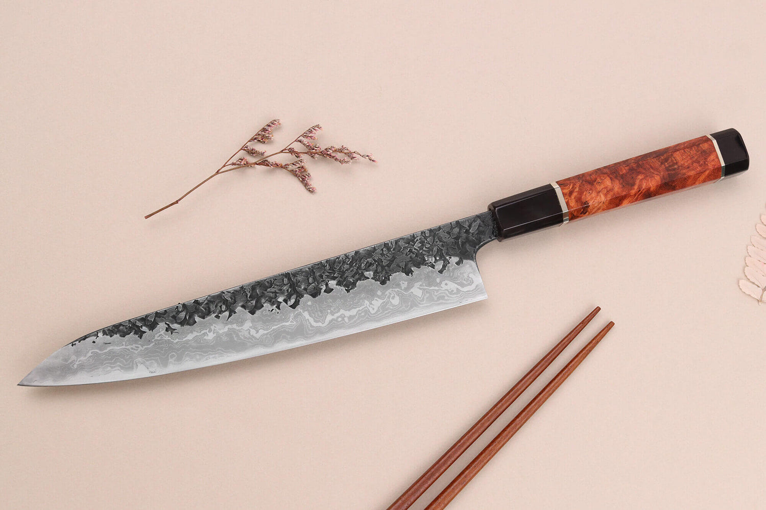 Couteau sujihiki 24cm japonais artisanal Kisuke Manaka Enn en cognassier avec 2 anneaux
