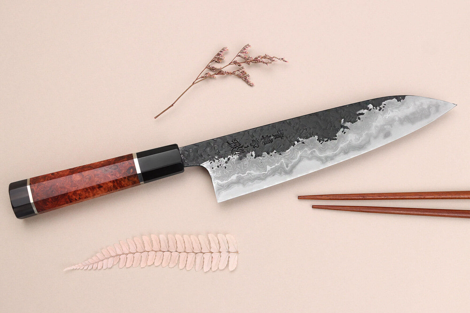 Couteau de chef 21cm japonais artisanal Kisuke Manaka Enn en cognassier avec 2 anneaux