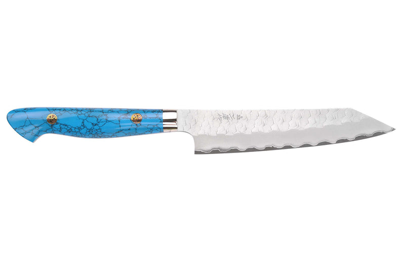 Couteau universel 15cm japonais artisanal Nigara Hamono Migaki Tsuchime SG2 manche en turquoise