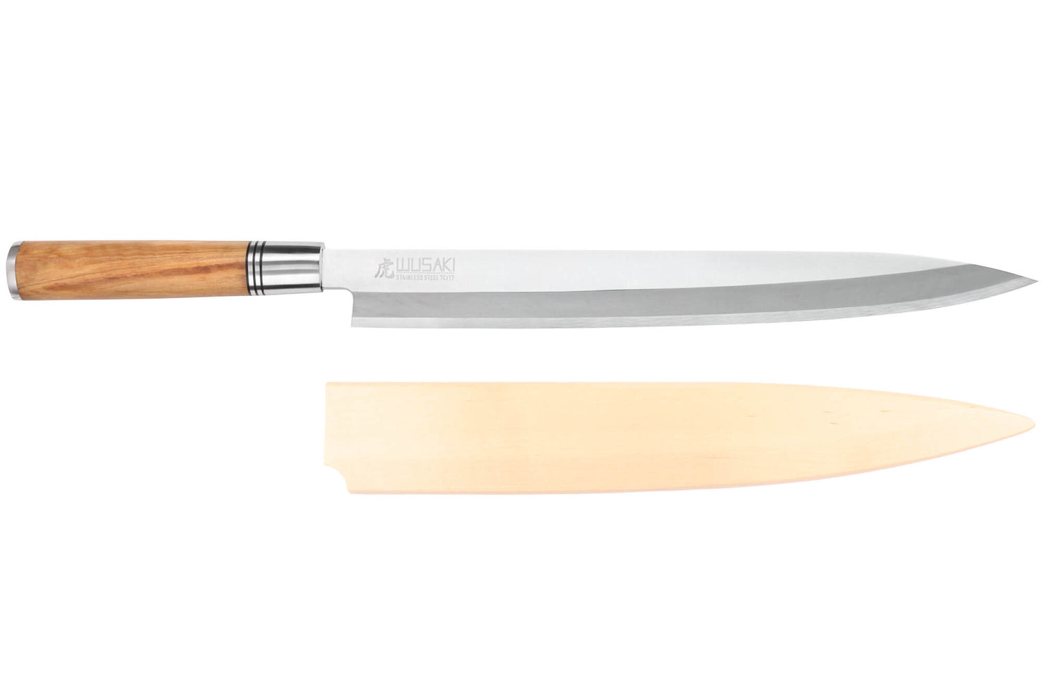 Couteau yanagiba 30cm Wusaki Olive 7Cr manche en olivier + saya