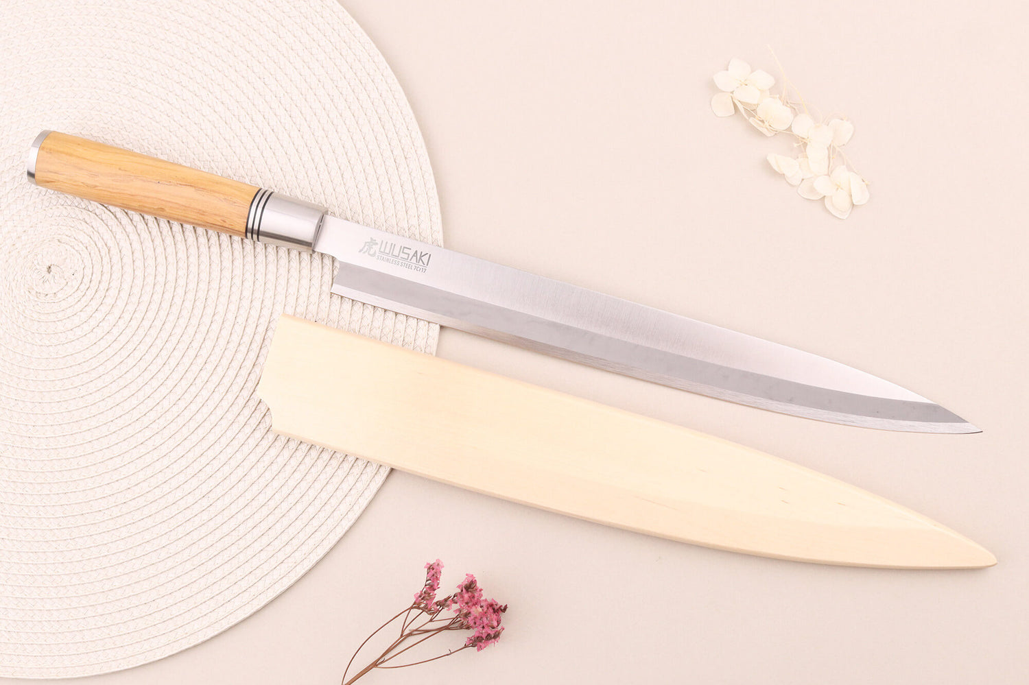 Couteau yanagiba 30cm Wusaki Olive 7Cr manche en olivier + saya