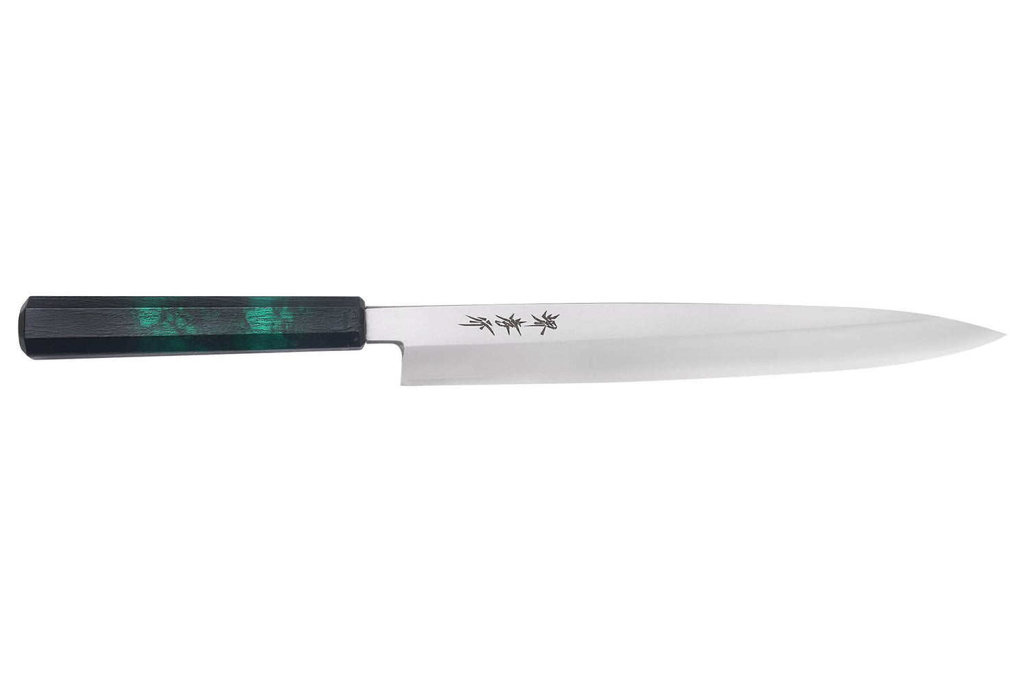 Couteau yanagiba japonais 27cm Sakai Takayuki Nanairo manche en résine laqué vert