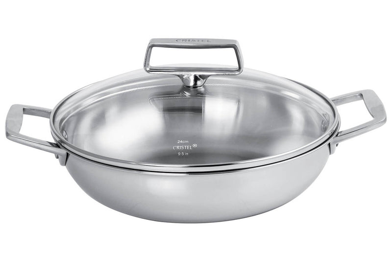 Sautoir Cristel Castel'Pro en acier inoxydable 18/10 5 ply avec 2 anses fixes + couvercle en verre - 28cm