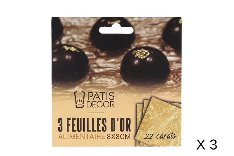 Set de 3 feuilles d'or alimentaire Patisdécor 8x8cm