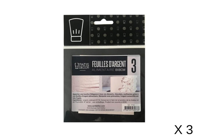 Set de 3 feuilles d'argent alimentaire Patisdécor 8x8cm