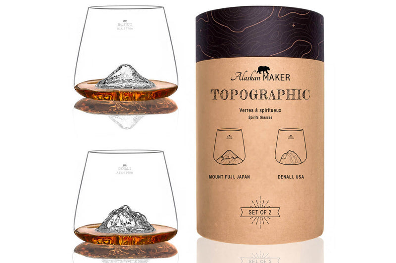 Set de 2 verres à spiritueux Alaskan Maker Topographic Mont Fuji & Denali en verre cristallin