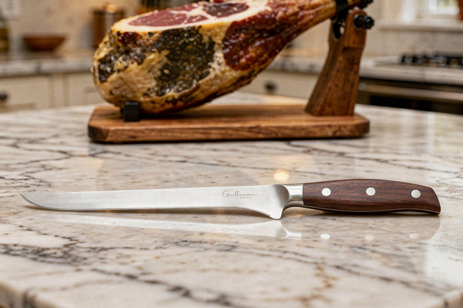 Couteau à jambon 25cm Guillaume Leonard Cuistot en acier inoxydable et bois de santal rouge