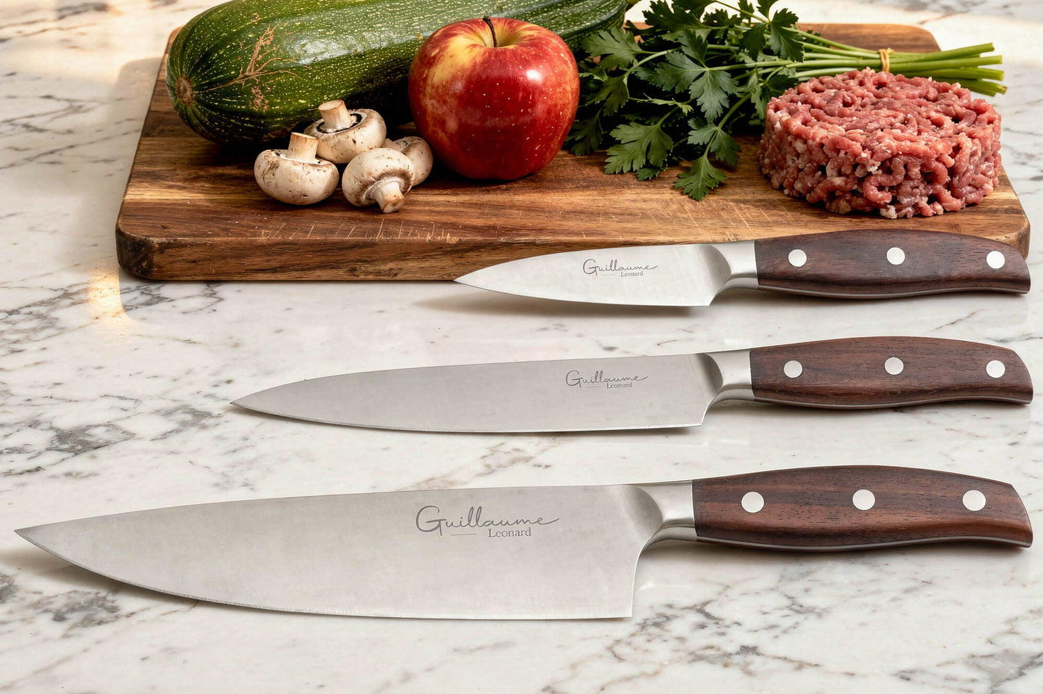 Coffret 3 couteaux Guillaume Leonard Cuistot acier inoxydable et santal rouge Chef + Office + Universel