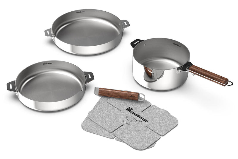 Coffret trio poêles et casserole Cookut La Merveilleuse en inox finition miroir
