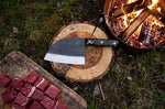 Couteau lame XL 17,5cm Wusaki BIG ONE brut de forge acier et manche carbone avec feuille d'or + étui cuir