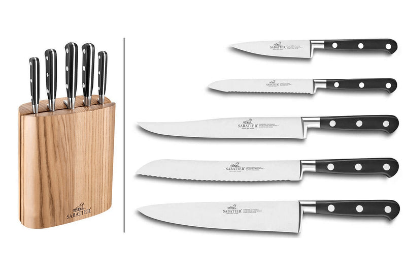 Bloc 5 couteaux SABATIER Idéal Inox 100% forgé frêne naturel