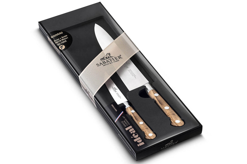 Coffret 2 couteaux SABATIER Provençao 100% forgés manches olivier