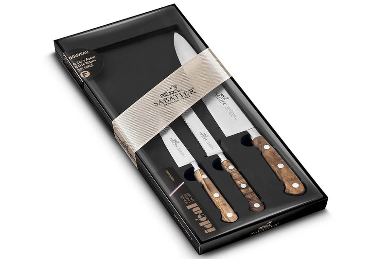 Coffret 3 couteaux SABATIER Provençao 100% forgés manches olivier