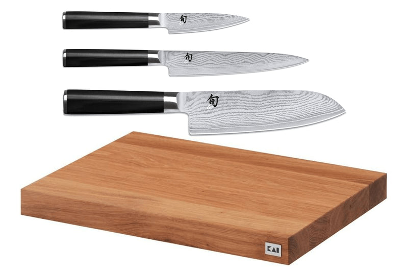 Set de découpe KAI planche à découper en chêne + 3 couteaux Shun Classic