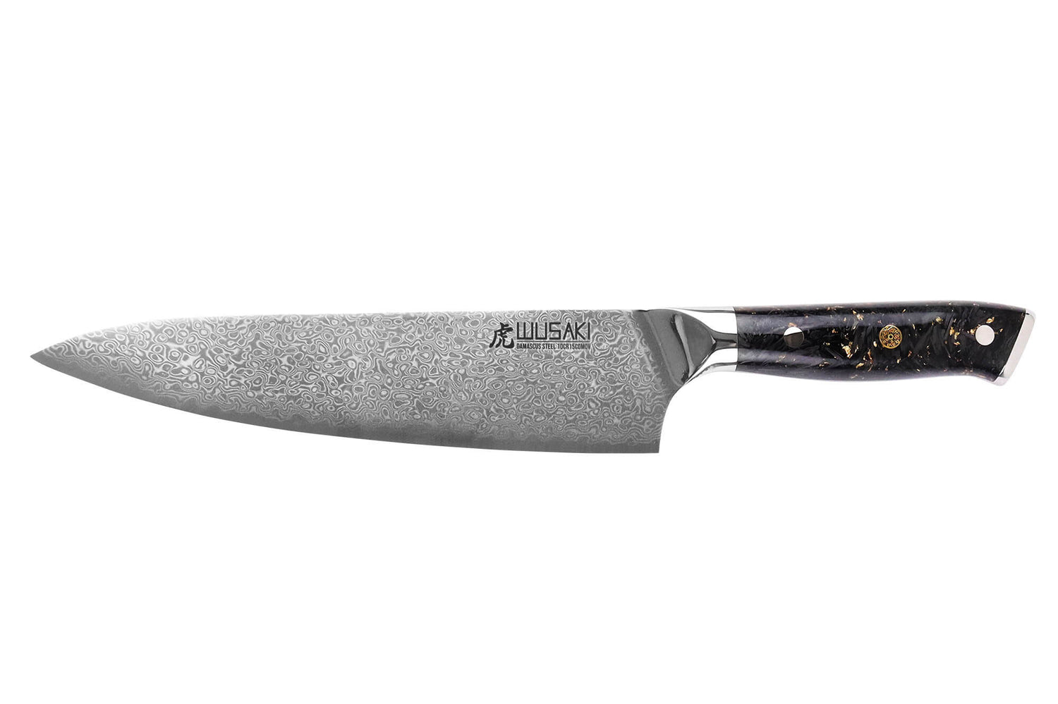 Couteau de chef Wusaki Sakin Damas 10Cr 20cm manche en fibre de carbone et feuille d'or