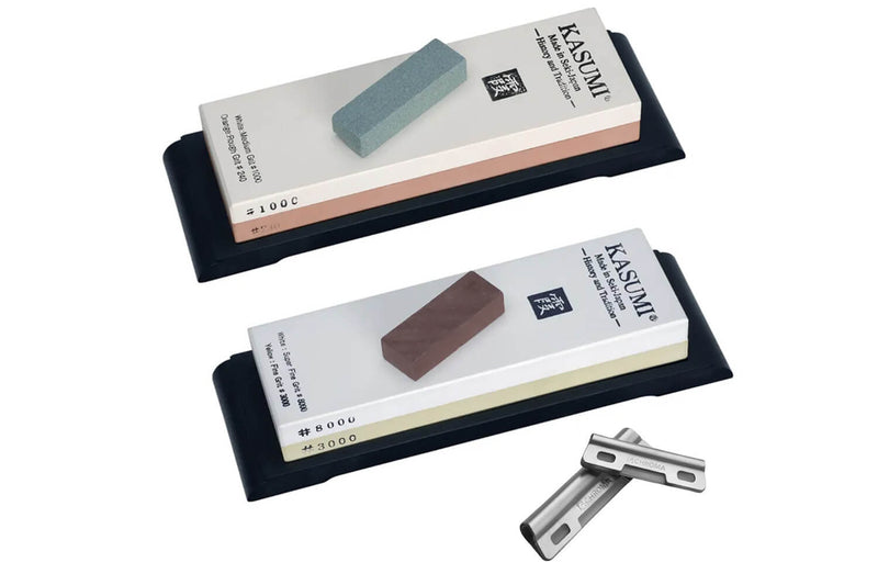 Set de 2 pierres à aiguiser japonaises Kasumi Premium 240/1000 et 3000/8000 + 4 accessoires