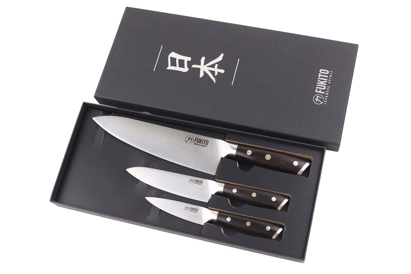 Coffret 3 couteaux Fukito Ebène X50 Chef + Universel + Office