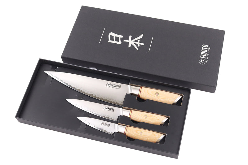 Coffret 3 couteaux Fukito Pakka San Mai Chef + Universel + Office