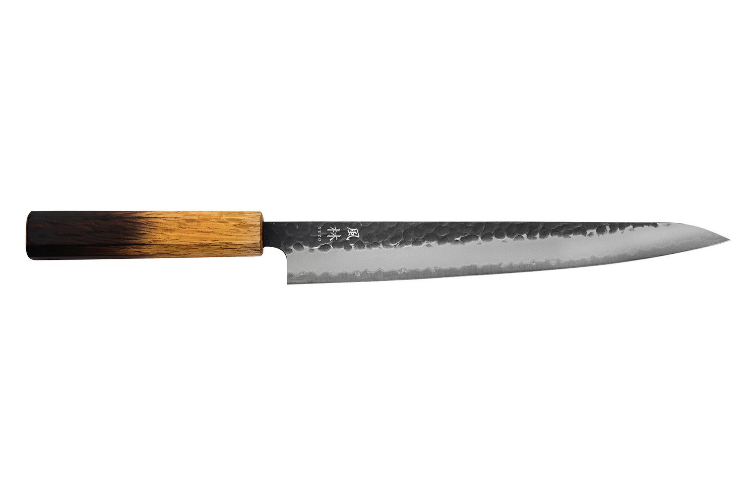 Couteau sujihiki 24cm japonais artisanal Yuzo Black AS chêne brûlé