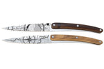 Set de 2 couteaux d'office Deejo Office Globe Trotter et Terra Incognita manche en bois d'olivier et bois corail 9cm