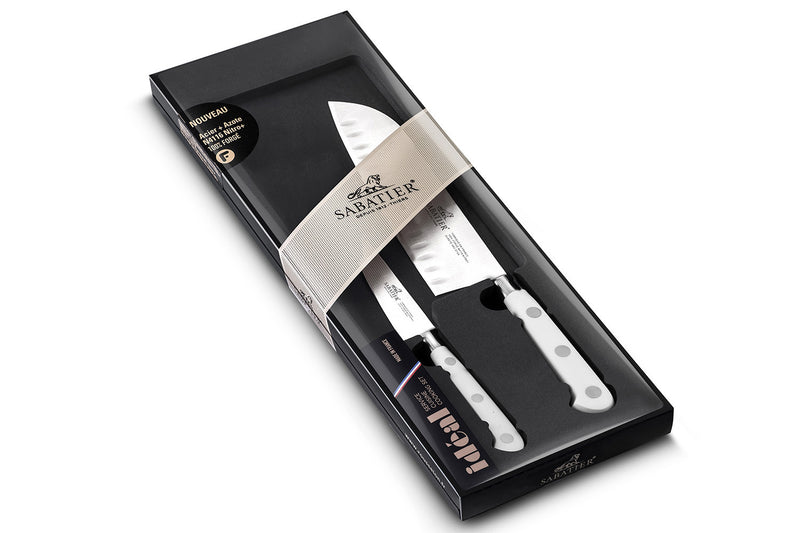 Coffret 2 couteaux Sabatier Toque blanche 100% forgé office + santoku
