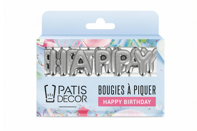 Bougies à piquer "Happy Birthday" Patisdécor argentées