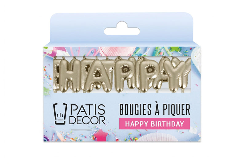 Bougies à piquer "Happy Birthday" Patisdécor dorées