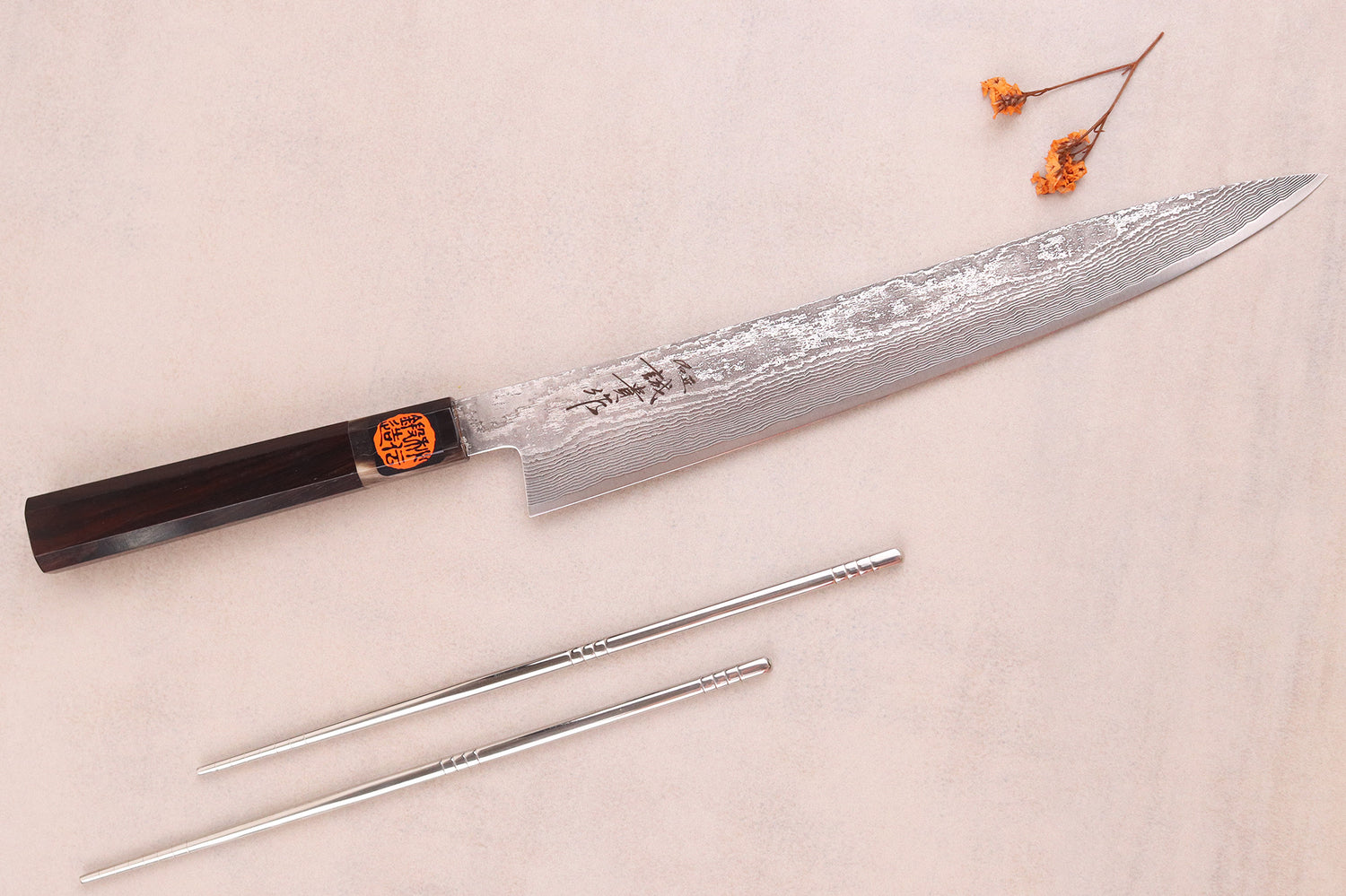 Couteau sujihiki 27cm japonais artisanal Shigeki Tanaka SG2 Kurozome Damas ébène