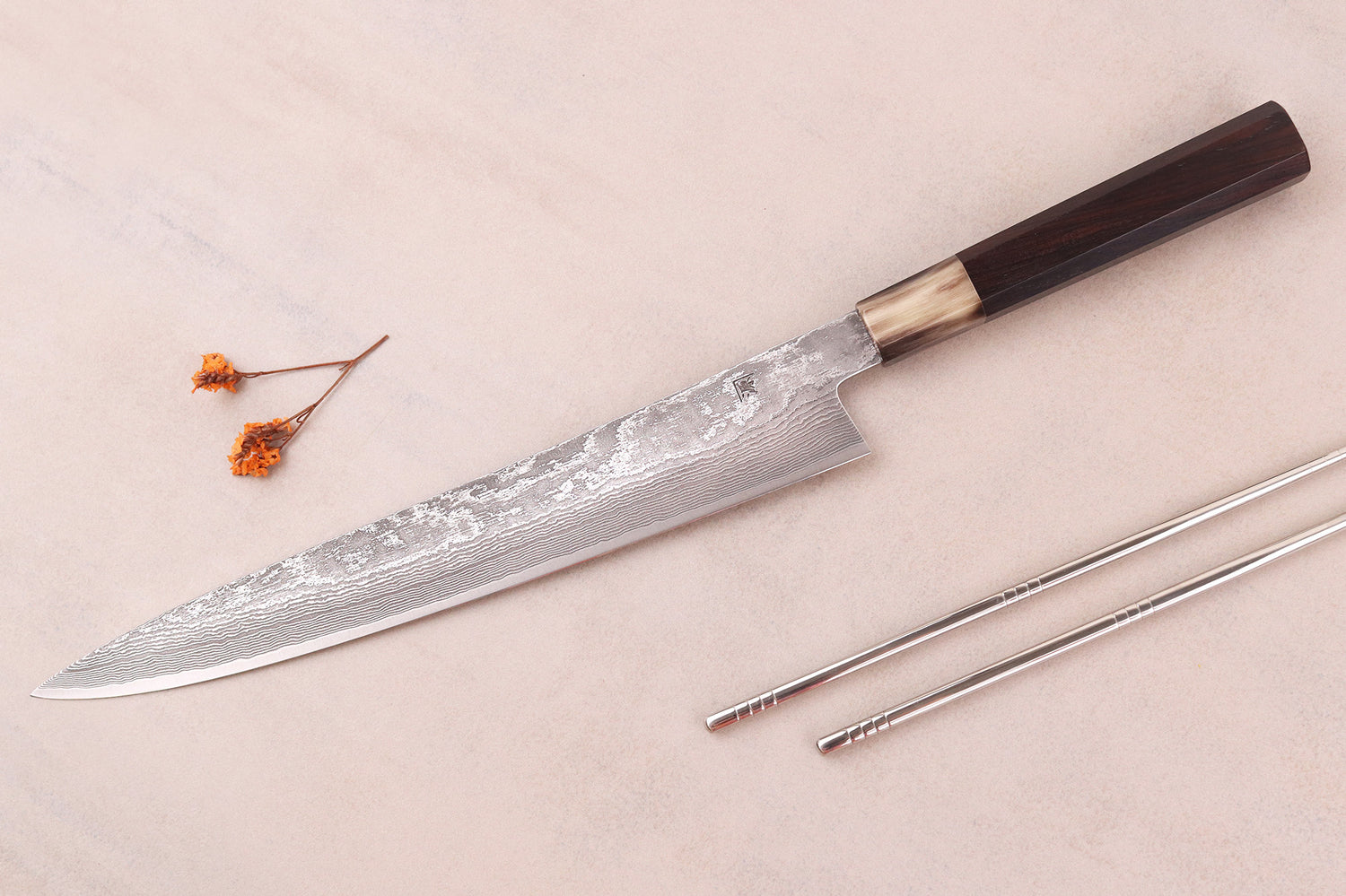 Couteau sujihiki 27cm japonais artisanal Shigeki Tanaka SG2 Kurozome Damas ébène