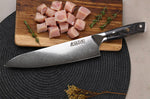 Couteau de chef Wusaki Sakin Damas 10Cr 20cm manche en fibre de carbone et feuille d'or