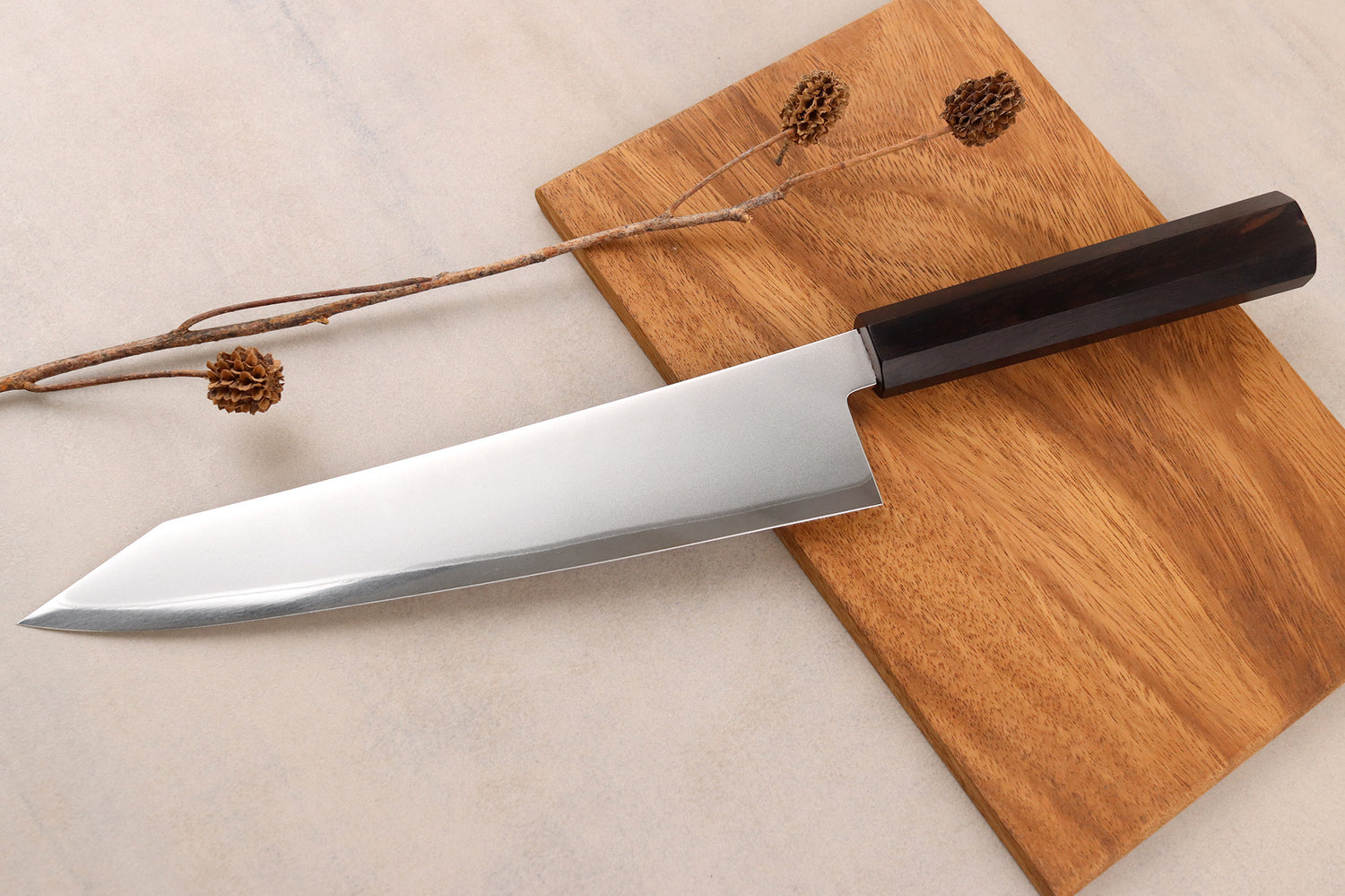Couteau de chef gyuto kiritsuke 24cm japonais artisanal Hatsukokoro Kaijin BS2 ébène