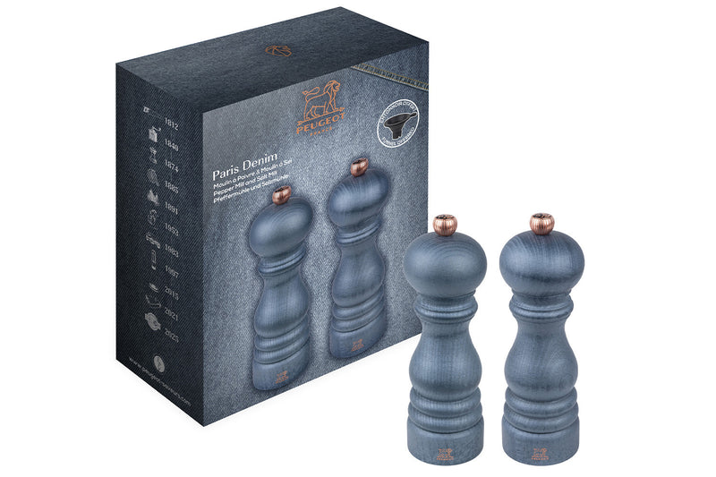 Coffret duo moulin à sel et poivre Peugeot Paris Denim en bois de hêtre 18cm