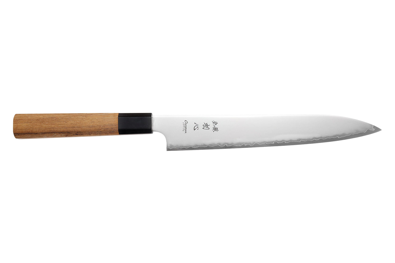 Couteau sujihiki 23cm japonais artisanal Hatsukokoro Chromax manche en teck