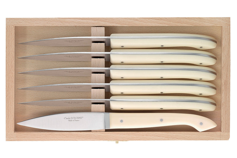 Coffret 6 couteaux à steak C. DOZORME Capucin lames lisses manches crèmes